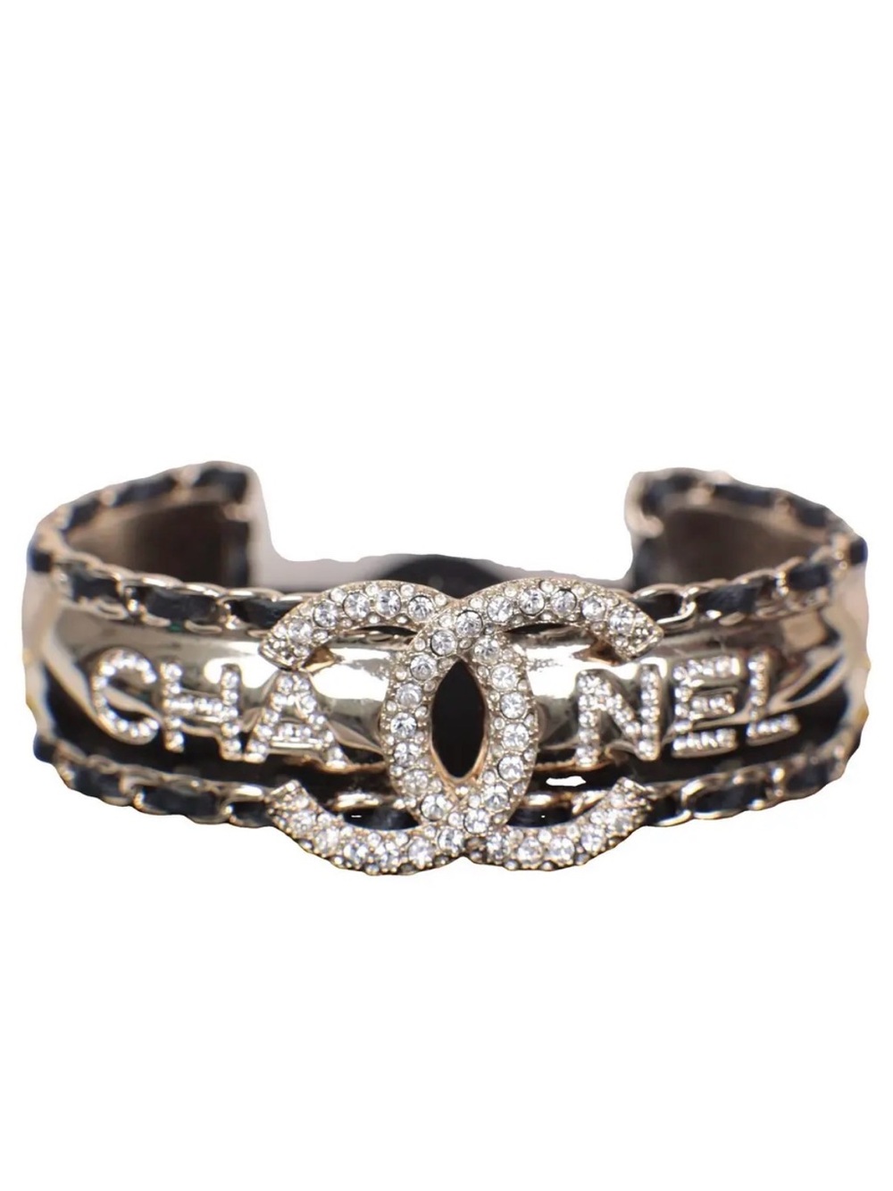 CHANEL Gold Crystal CC Logo Open Cuff Bracelet